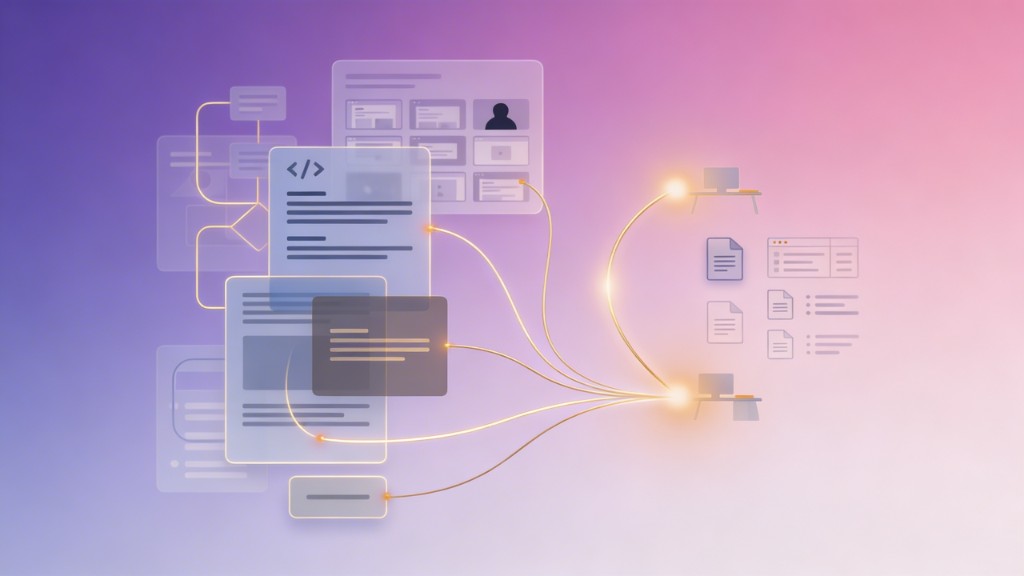 Abstraktní ilustrace dokumentace, UI panelů a propojených procesů